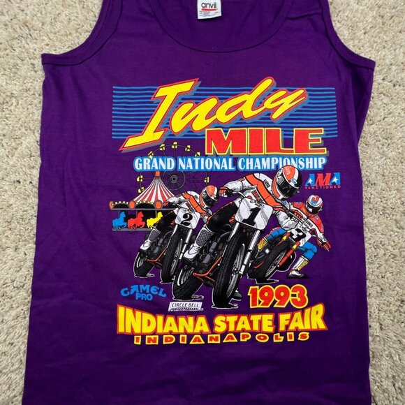 Vintage Single Stitch Sleeveless Tee Anvil Red Tag AOP Indy Mile 1993 Purple M - Picture 1 of 10